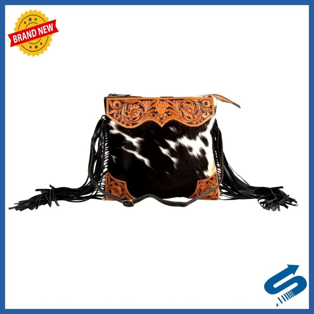 Tooled Leather Cowhide Handbag with Hand-Etched Western Patterns